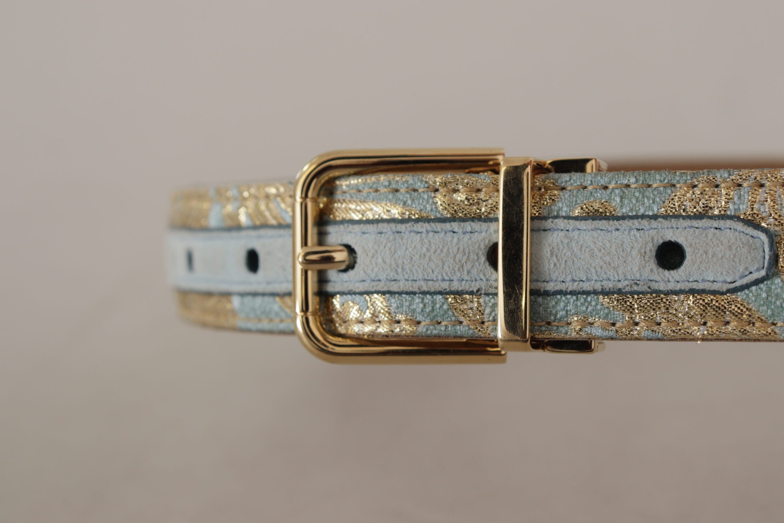 Dolce & Gabbana Blue Leather Jacquard Belt with Embossed Gold Metal Buckle