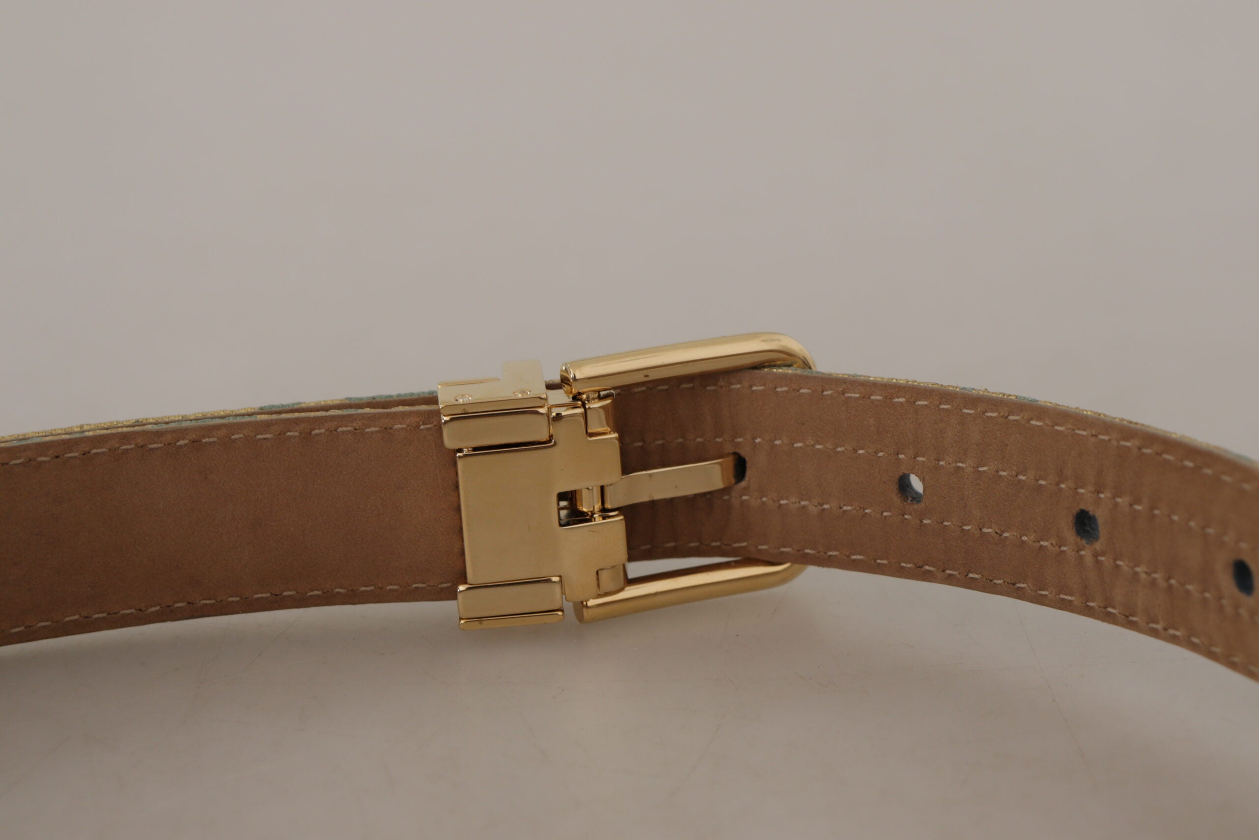 Dolce & Gabbana Blue Leather Jacquard Belt with Embossed Gold Metal Buckle