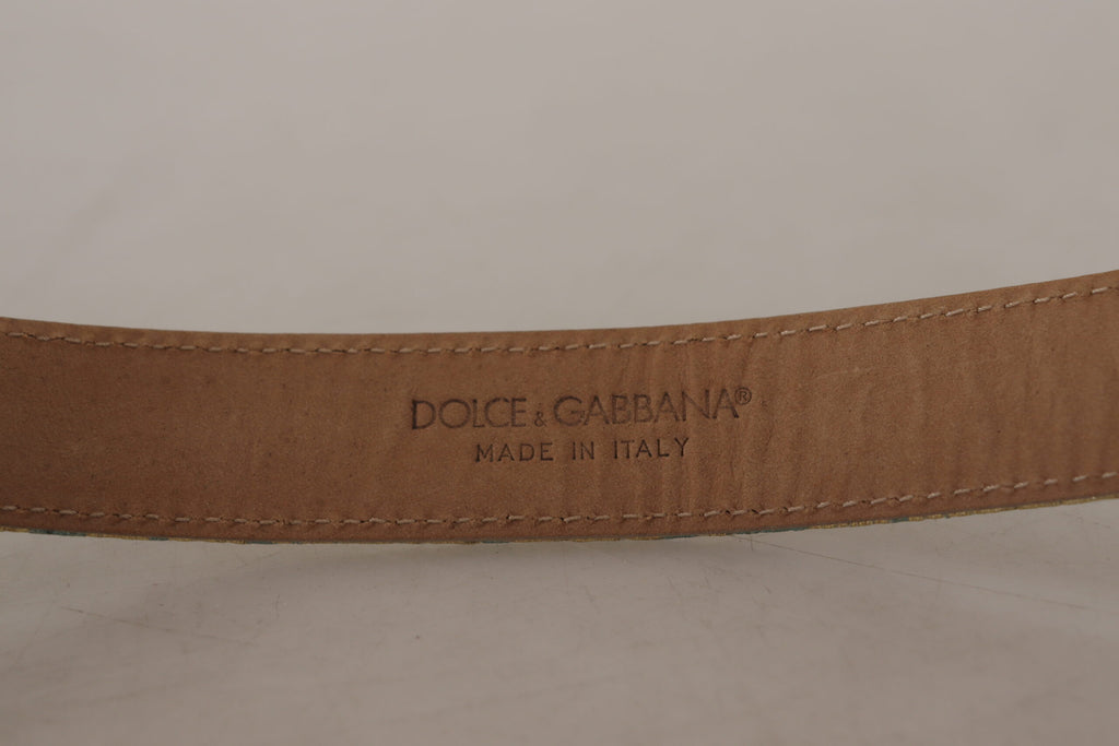 Dolce & Gabbana Blue Leather Jacquard Belt with Embossed Gold Metal Buckle