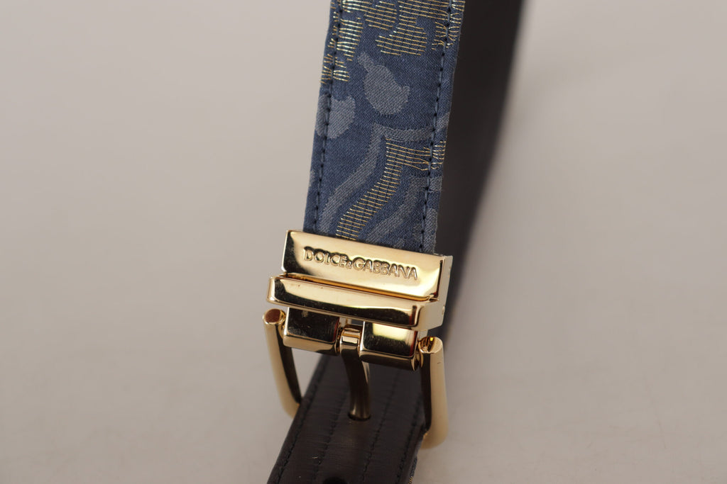Dolce & Gabbana Navy Jacquard Belt with Gold-Tone Logo and Metal Buckle