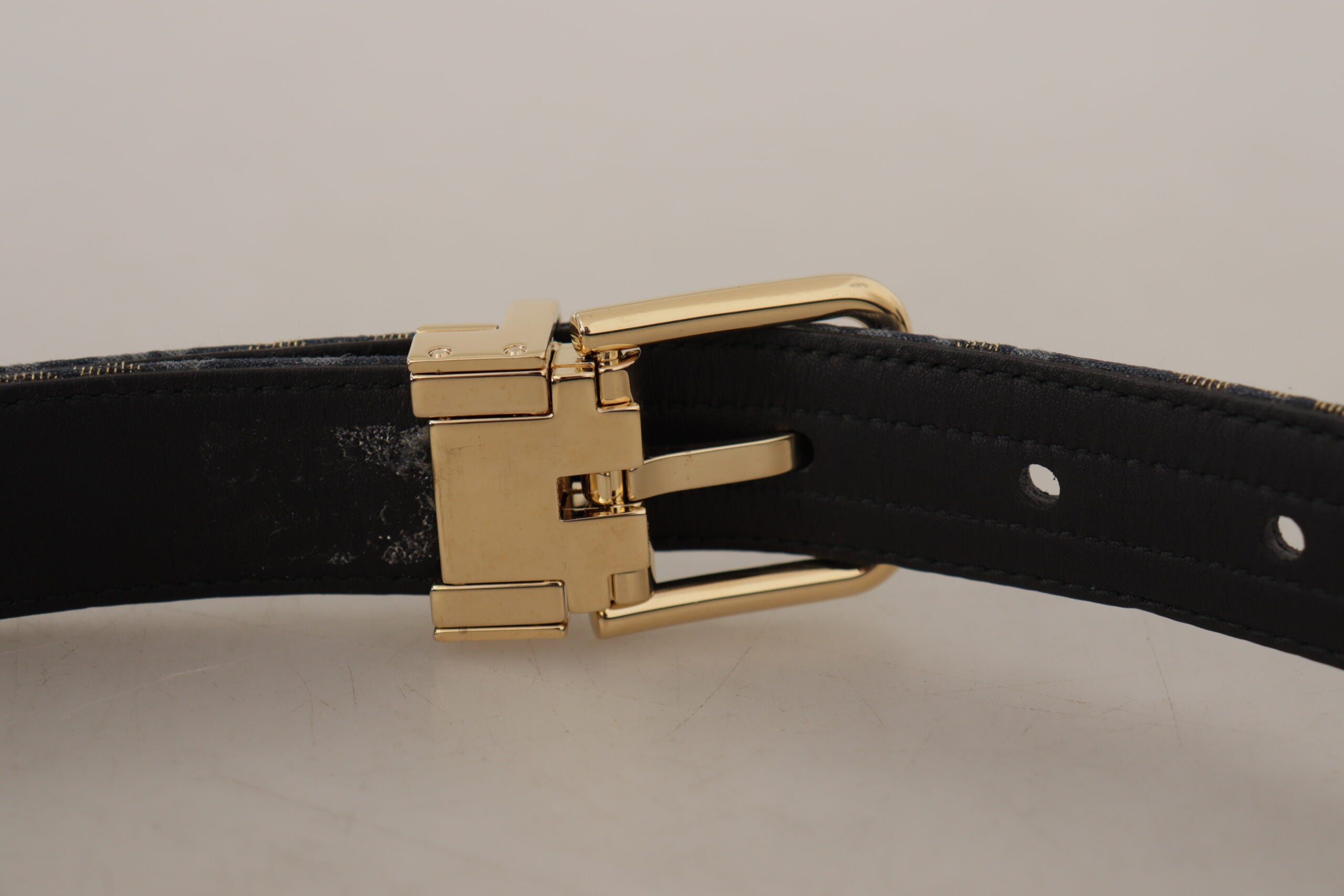 Dolce & Gabbana Navy Jacquard Belt with Gold-Tone Logo and Metal Buckle