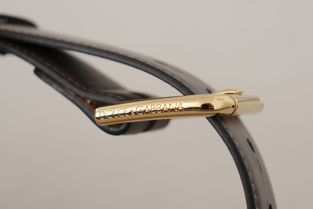 Dolce & Gabbana Grauer Kalbsledergürtel mit goldener Metall-Logoschnalle