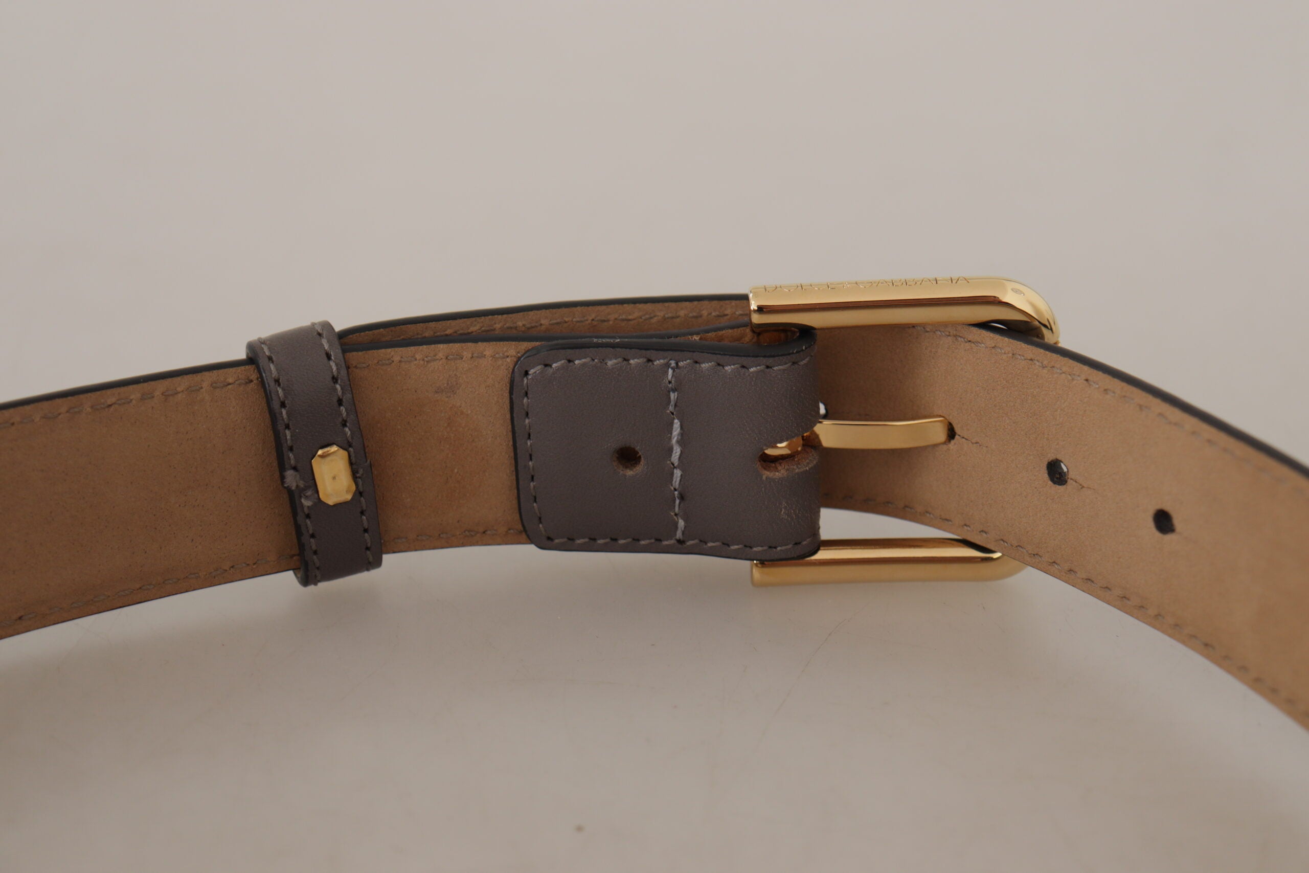 Dolce & Gabbana Grauer Kalbsledergürtel mit goldener Metall-Logoschnalle