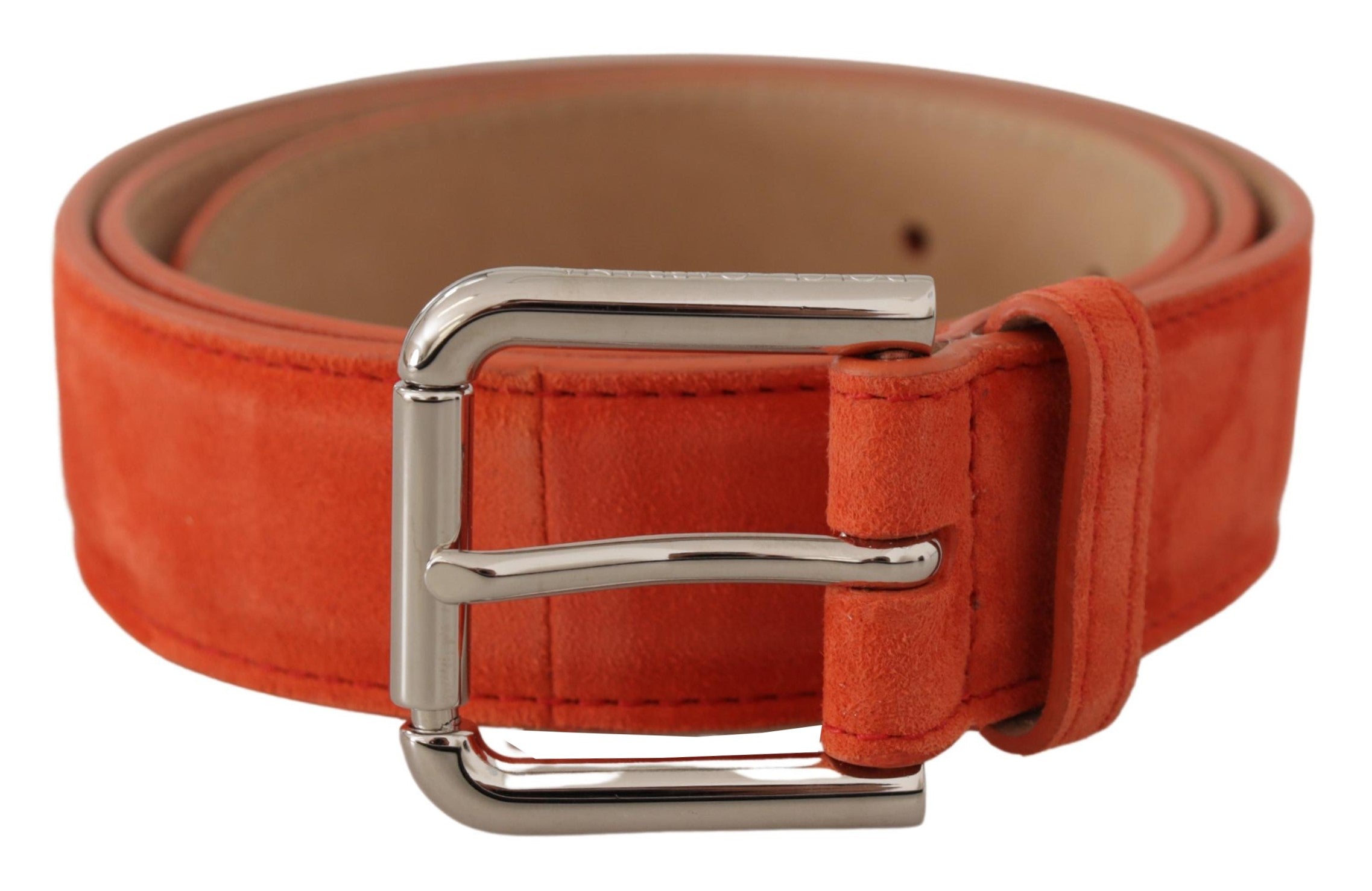 Dolce & Gabbana Orangefarbener Leder-Wildleder-Gürtel mit silberner Logo-Metallschnalle