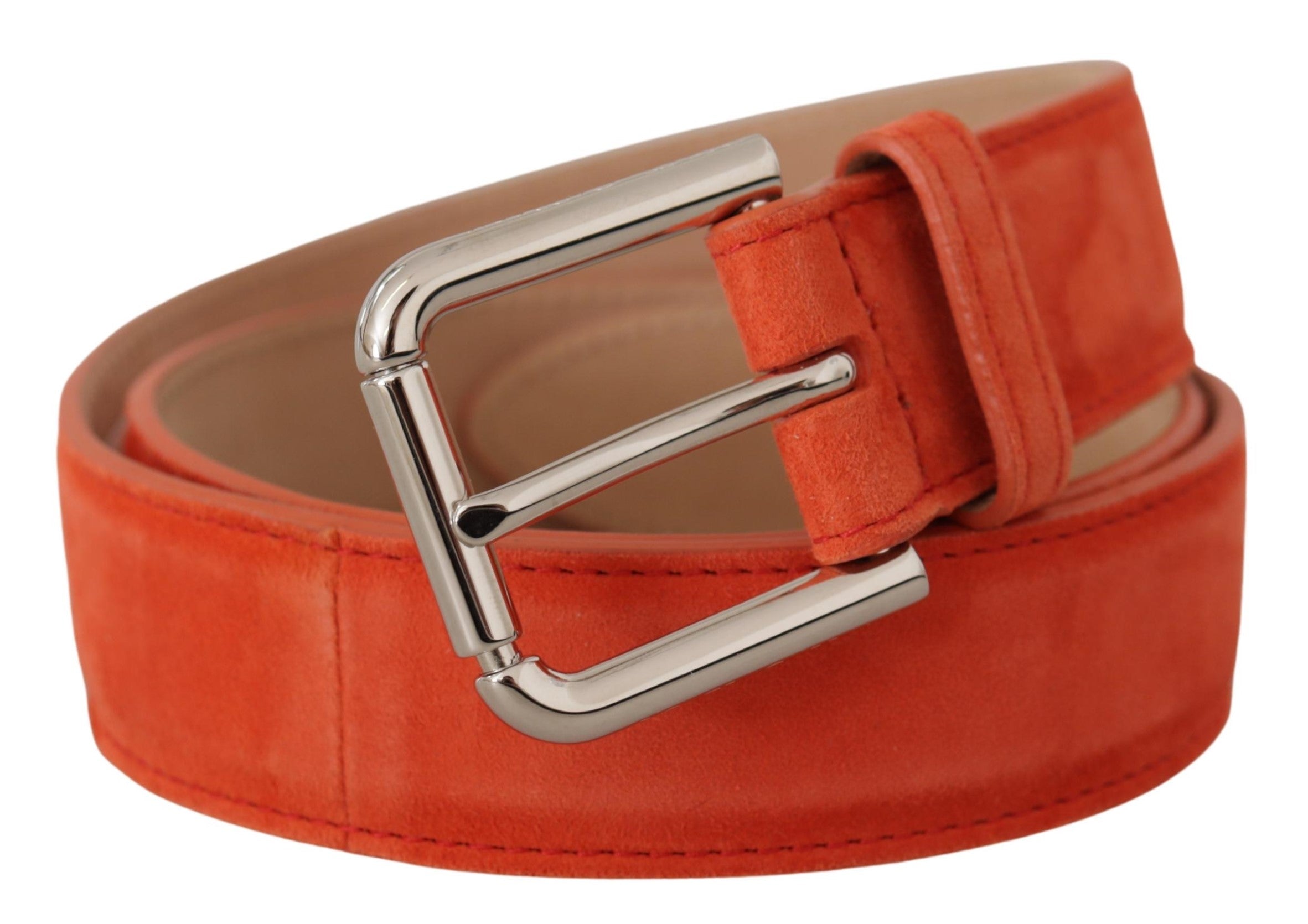 Dolce & Gabbana Orangefarbener Leder-Wildleder-Gürtel mit silberner Logo-Metallschnalle