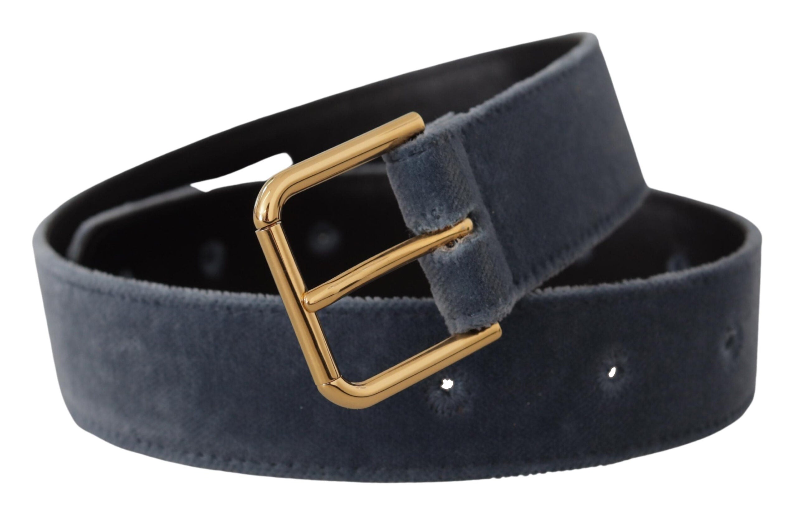 Dolce & Gabbana Navy Velvet Belt with Gold-Tone Metal Logo Buckle
