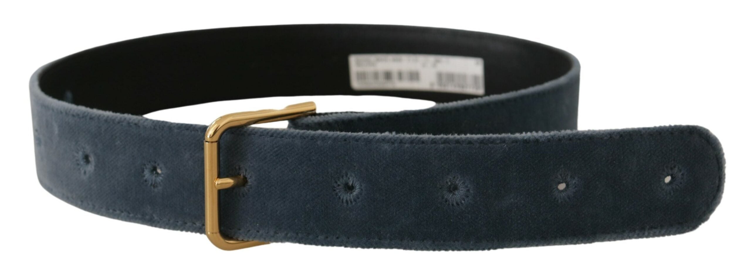 Dolce & Gabbana Navy Velvet Belt with Gold-Tone Metal Logo Buckle