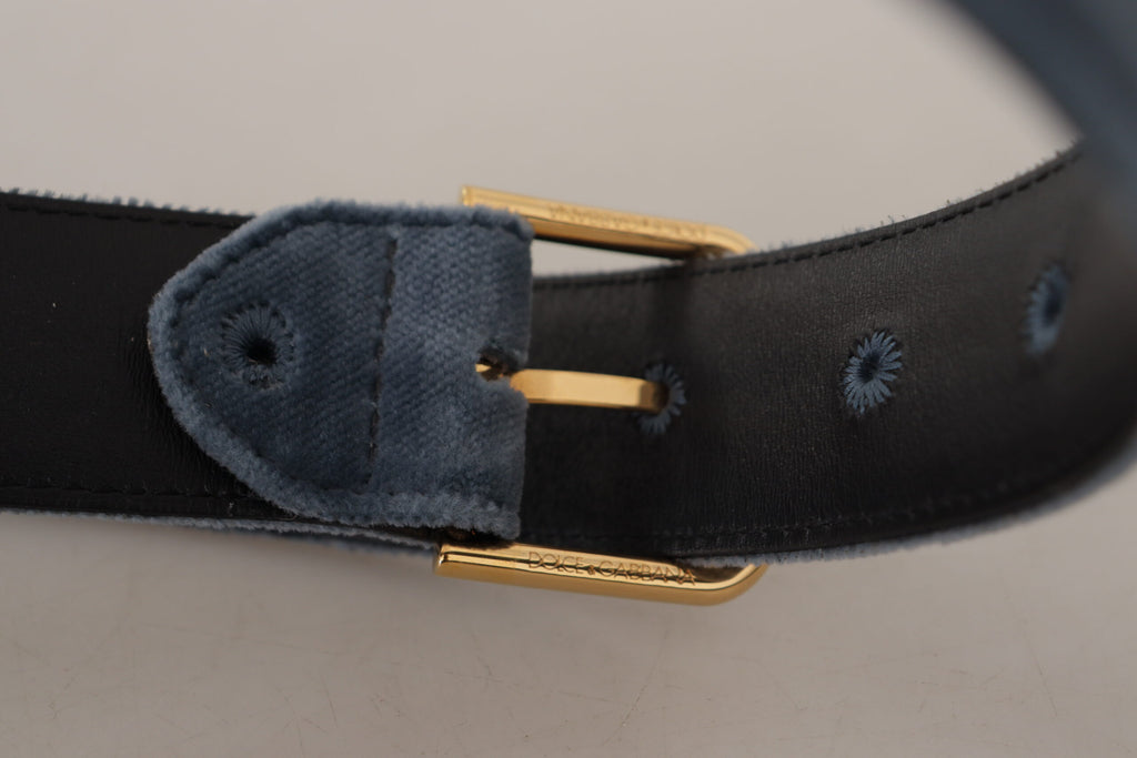 Dolce & Gabbana Navy Velvet Belt with Gold-Tone Metal Logo Buckle