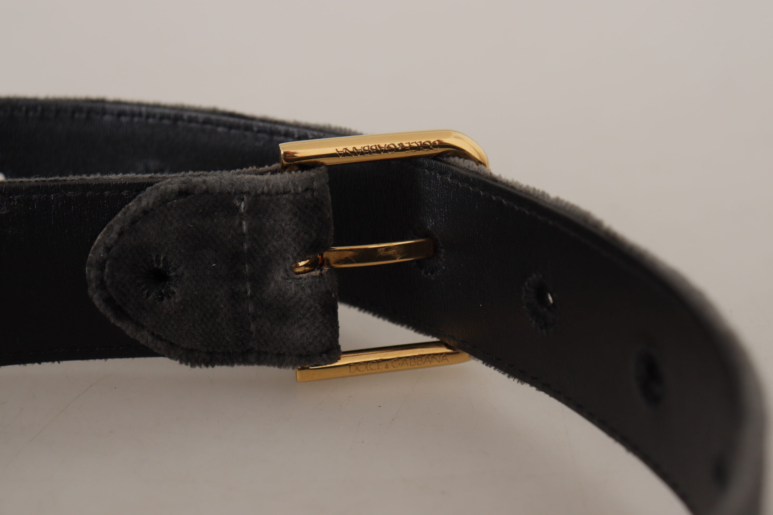 Dolce & Gabbana Brown Velvet Gold-Tone Logo Metal Belt Buckle