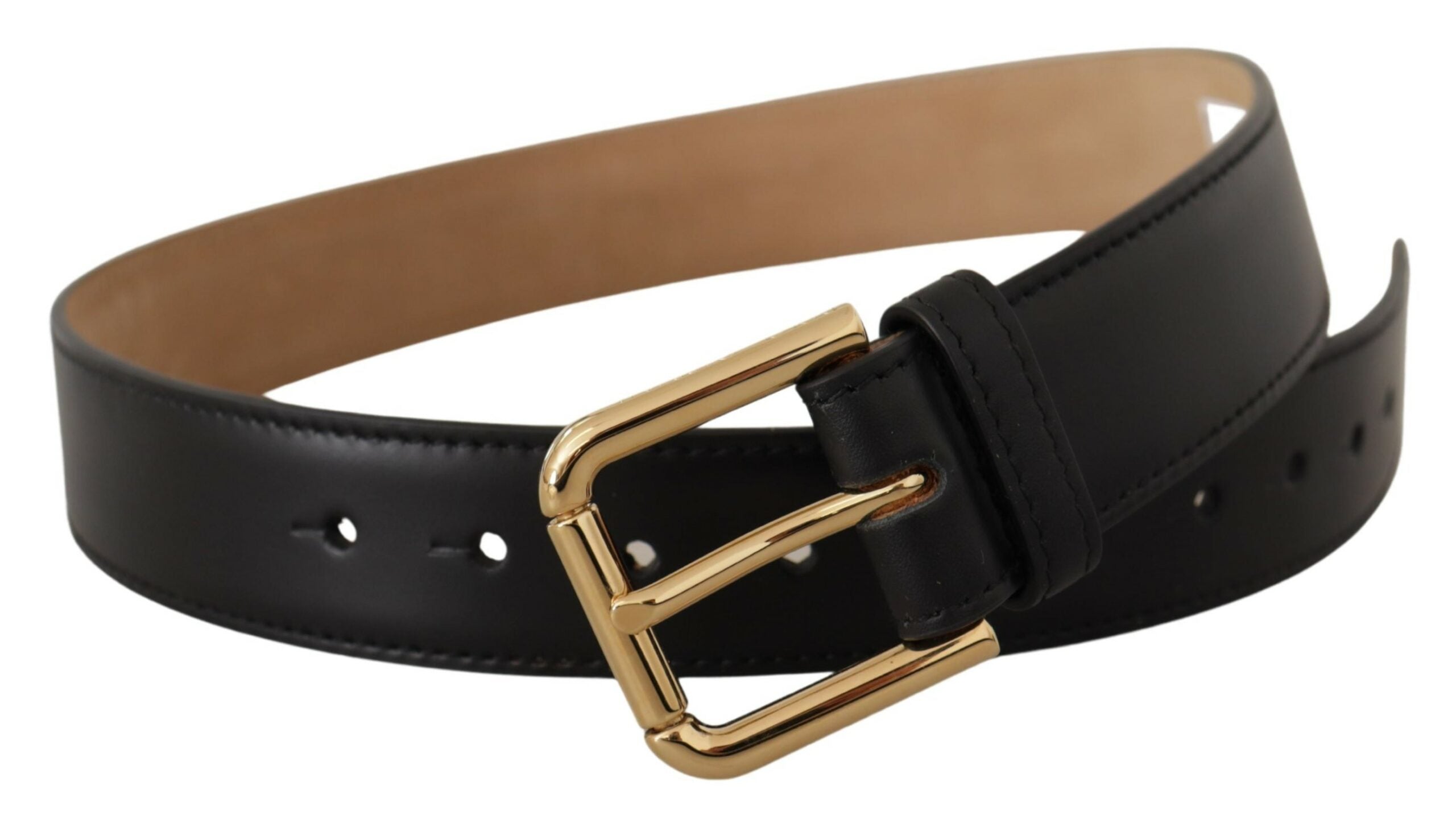 Dolce & Gabbana Schwarzes Massivleder Klassischer Gürtel mit goldener Taillenschnalle