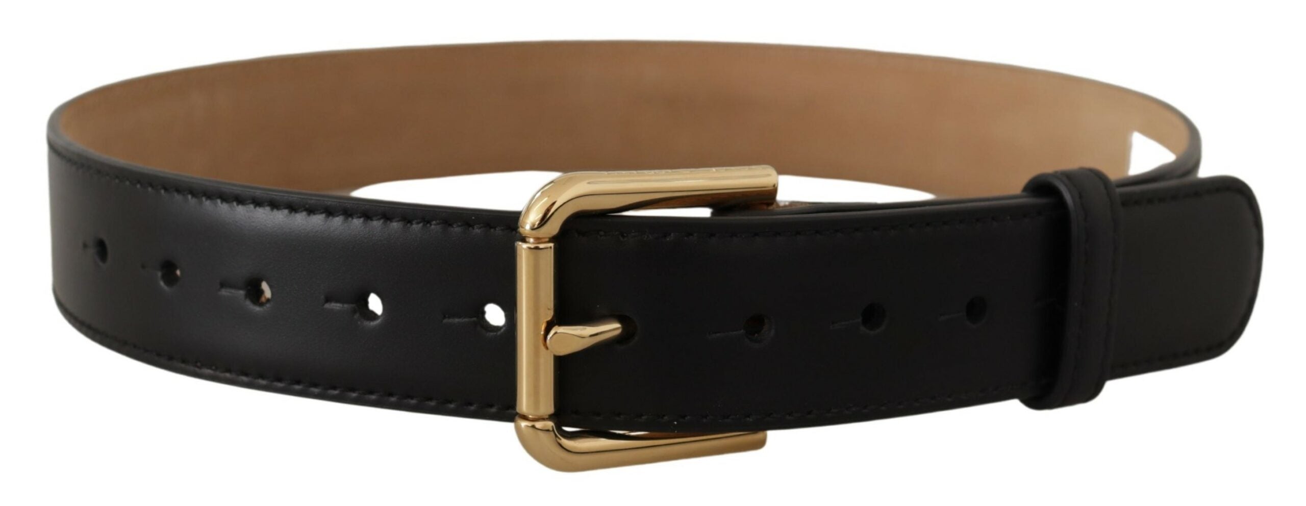 Dolce & Gabbana Schwarzes Massivleder Klassischer Gürtel mit goldener Taillenschnalle