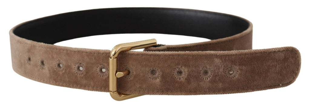 Dolce & Gabbana Hellbrauner Samtgürtel mit goldfarbener Logo-Metallschnalle