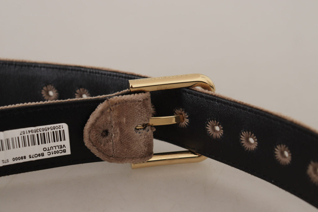 Dolce & Gabbana Hellbrauner Samtgürtel mit goldfarbener Logo-Metallschnalle