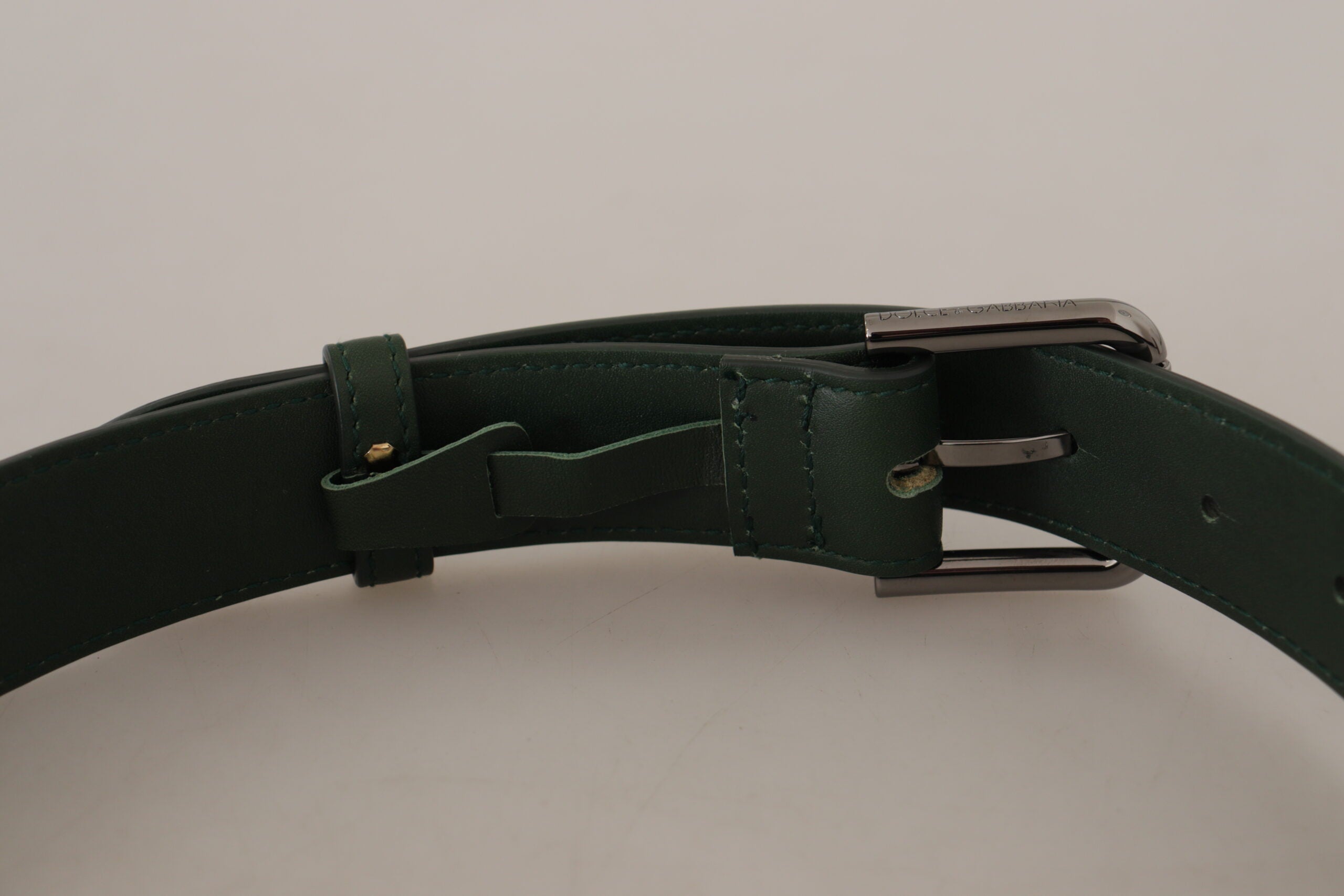 Dolce & Gabbana Army Green Leather Logo Metal Belt Buckle