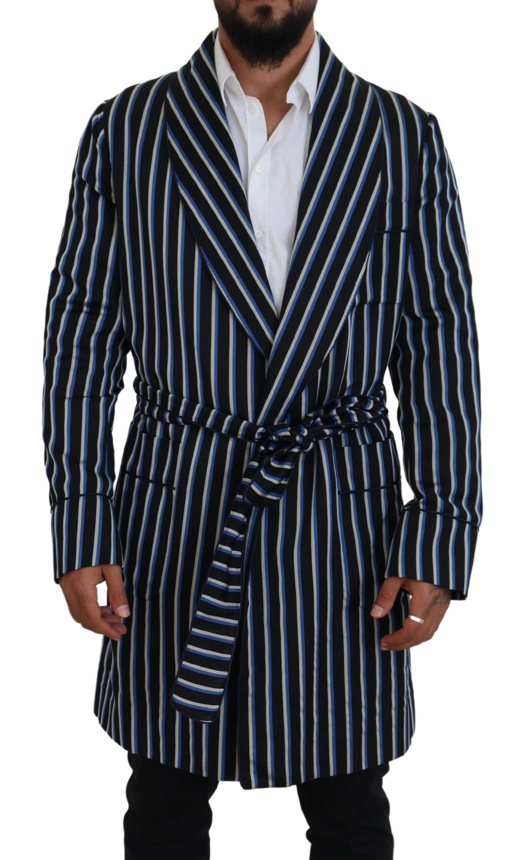 Dolce & Gabbana Black-Blue Martini Bathrobe with Printed Lining