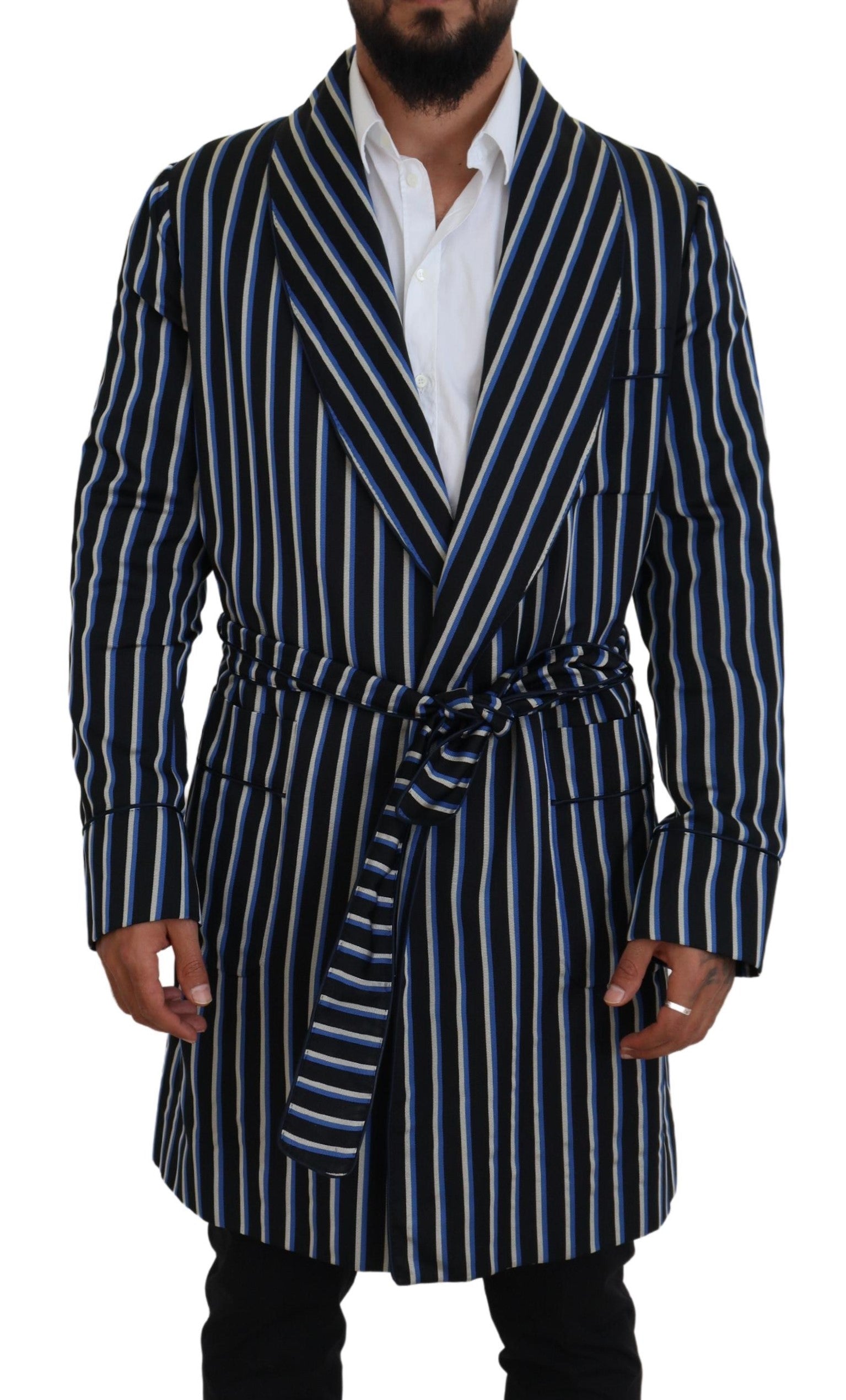 Dolce & Gabbana Black-Blue Martini Bathrobe with Printed Lining