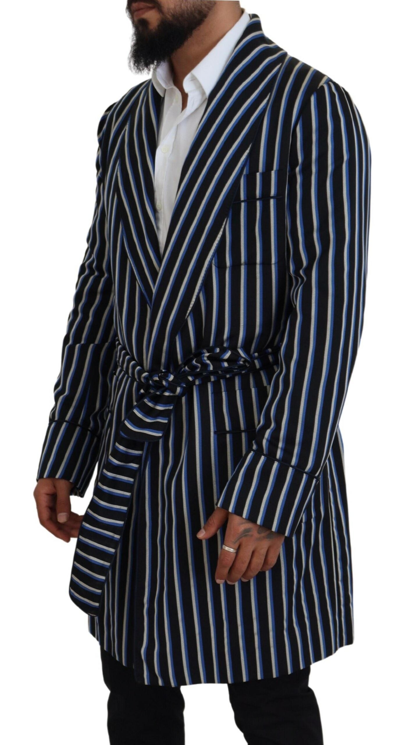 Dolce & Gabbana Black-Blue Martini Bathrobe with Printed Lining