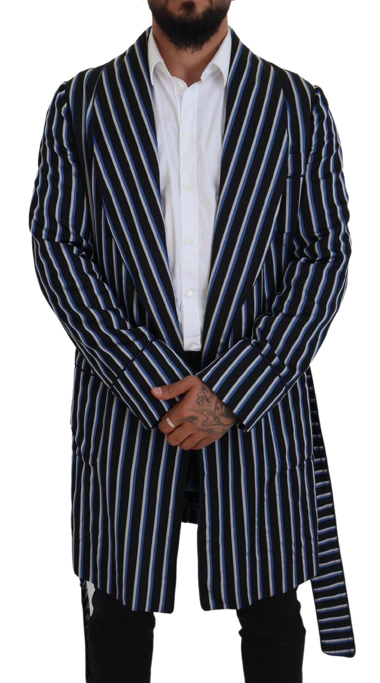 Dolce & Gabbana Black-Blue Martini Bathrobe with Printed Lining