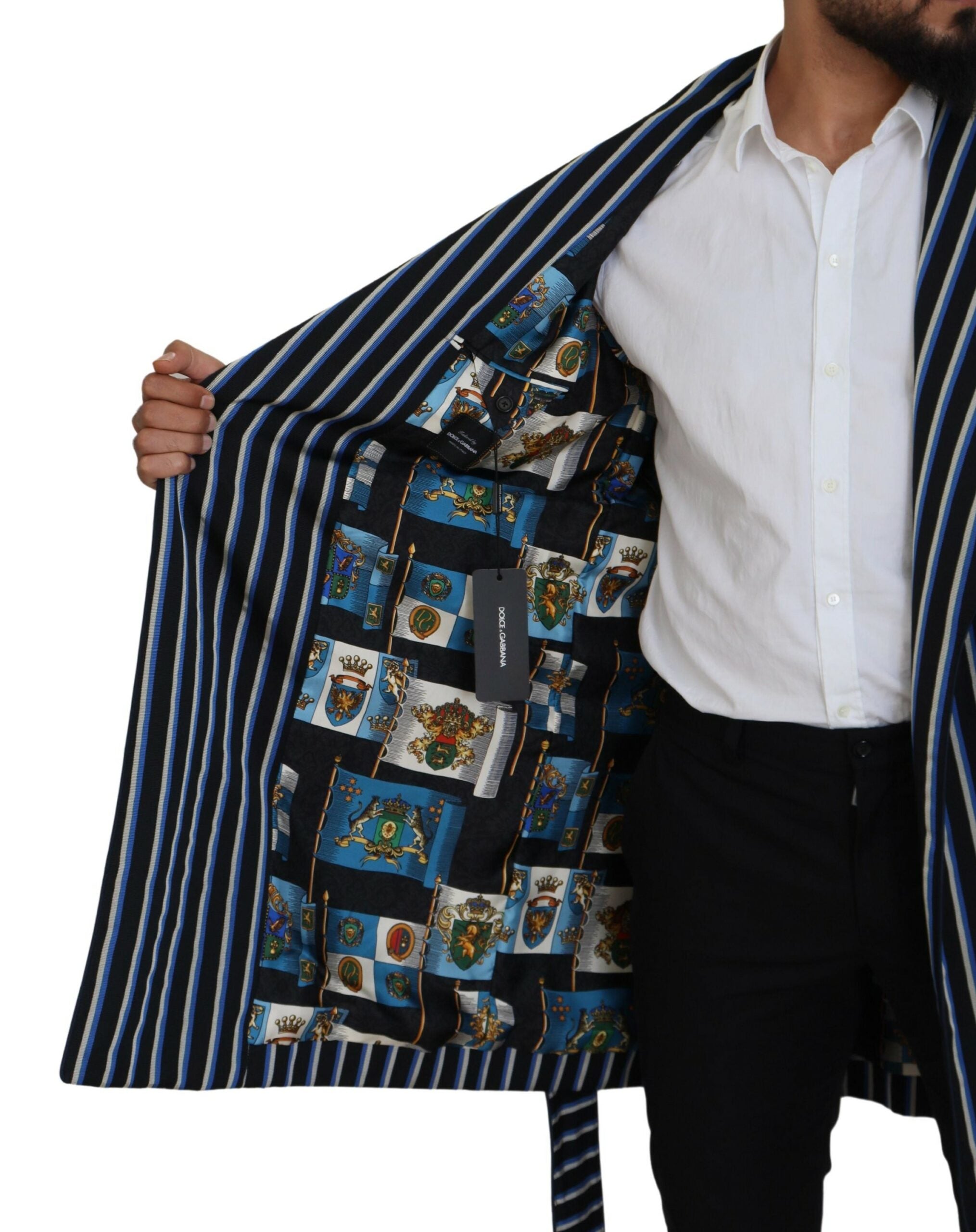 Dolce & Gabbana Black-Blue Martini Bathrobe with Printed Lining