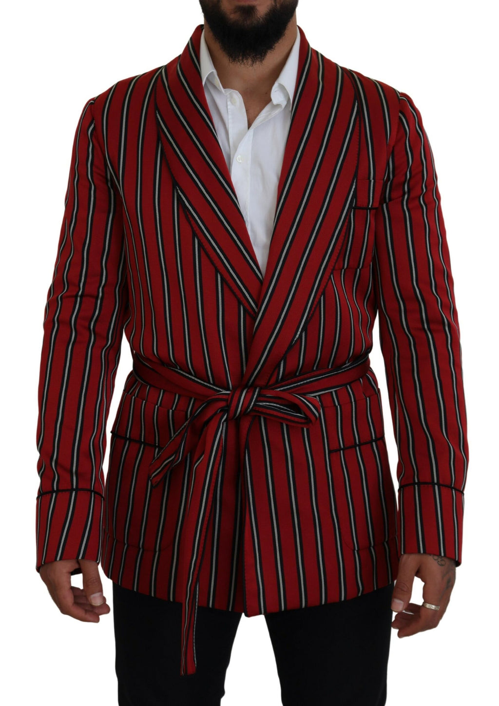 Dolce & Gabbana Red Striped Martini Robe with Printed Lining