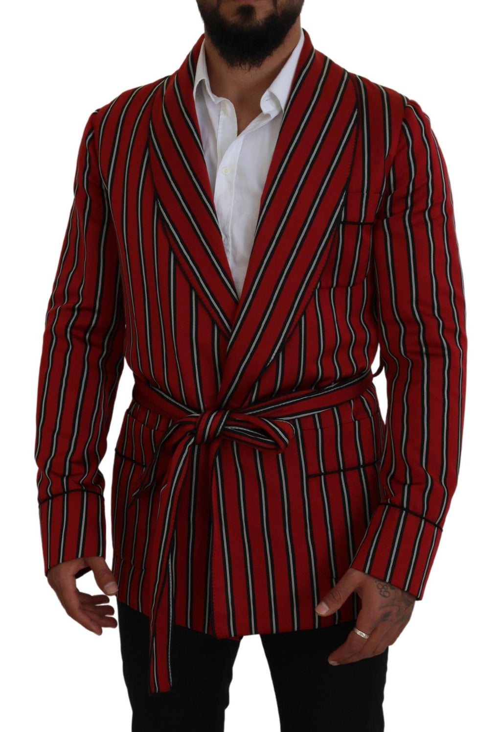 Dolce & Gabbana Red Striped Martini Robe with Printed Lining