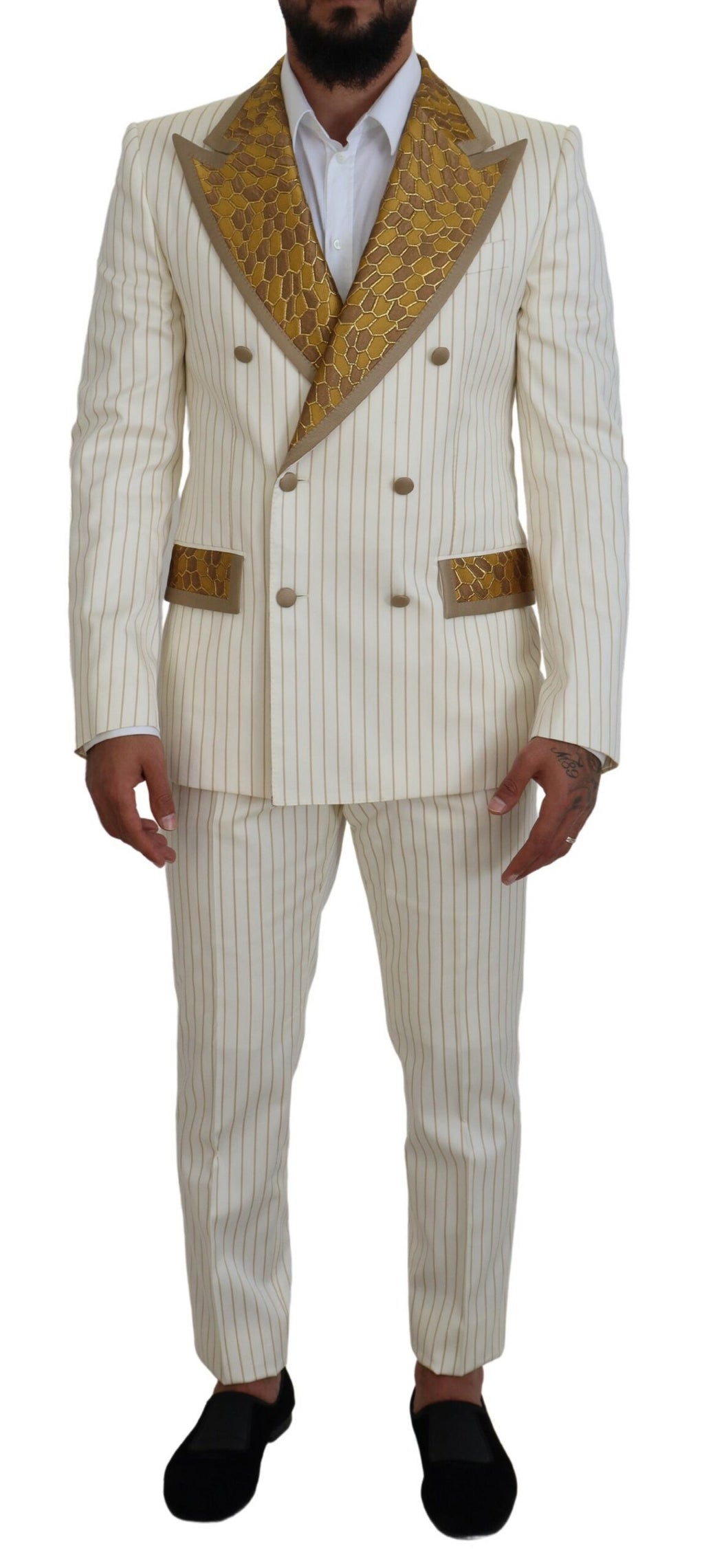 Dolce & Gabbana White Gold Striped Tuxedo Slim Fit Suit