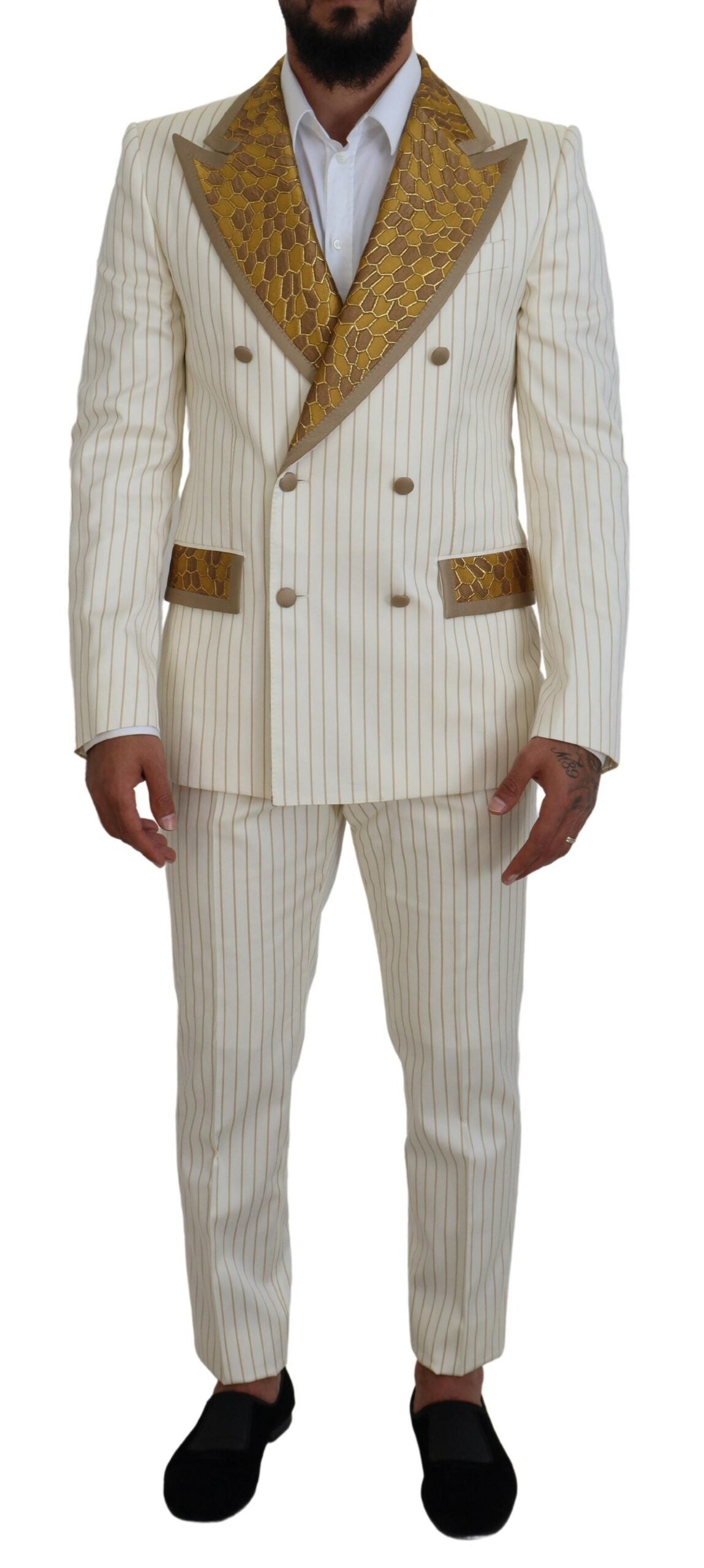 Dolce & Gabbana White Gold Striped Tuxedo Slim Fit Suit