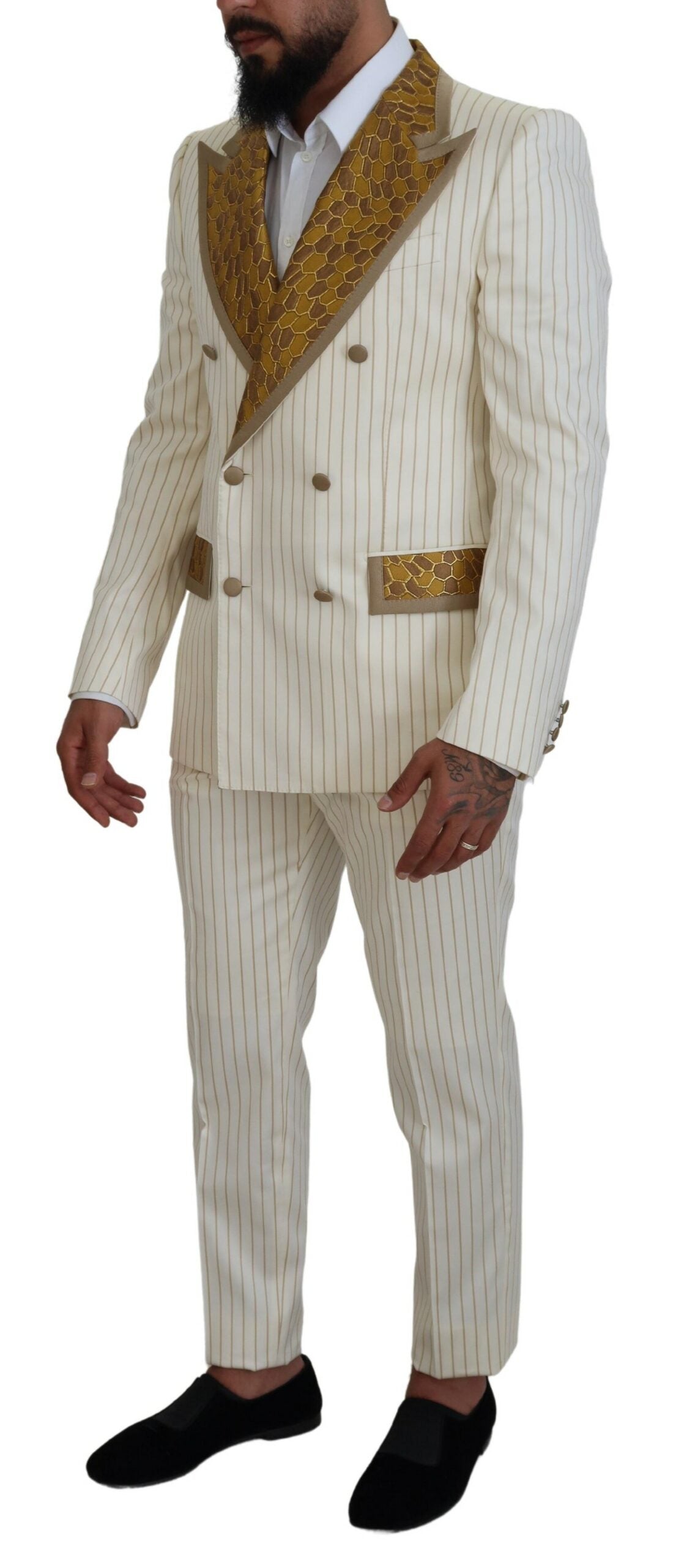 Dolce & Gabbana White Gold Striped Tuxedo Slim Fit Suit