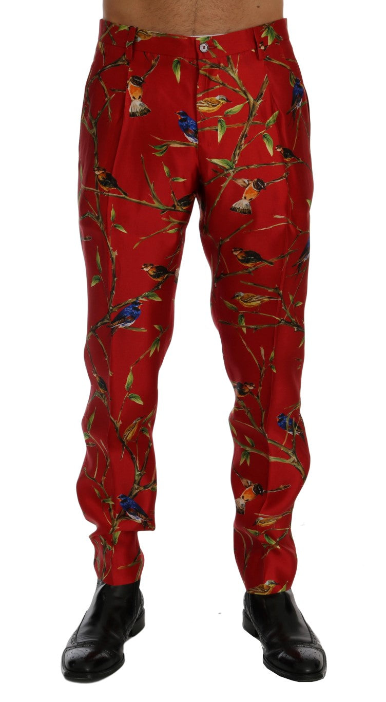 Dolce & Gabbana Red Silk Bird Print Trousers