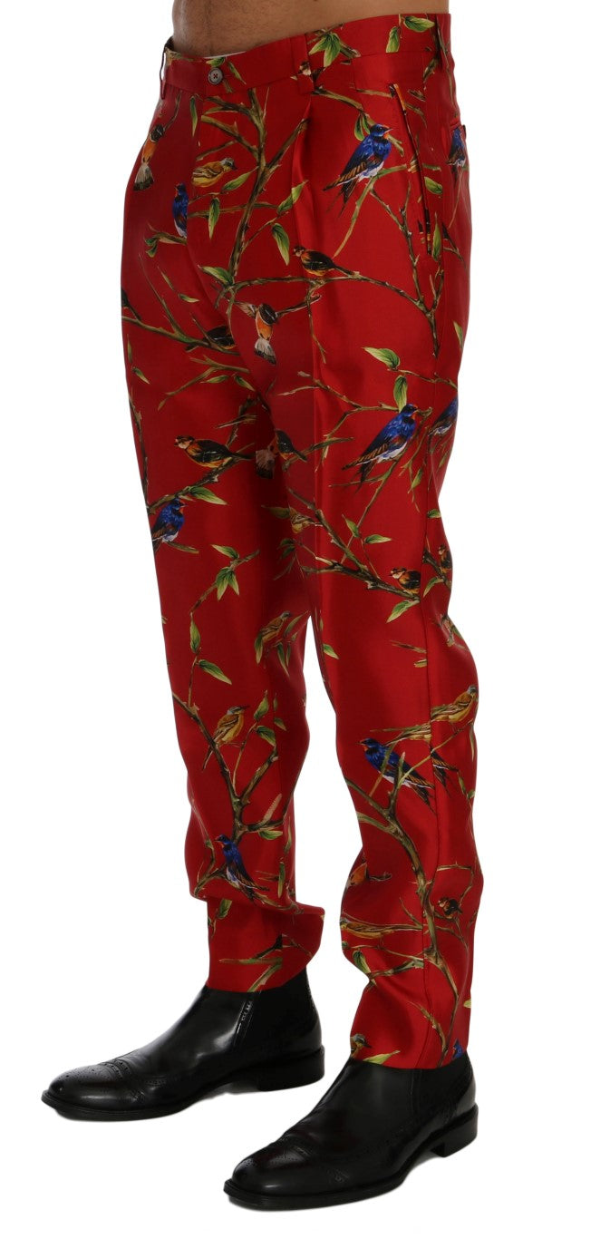 Dolce & Gabbana Red Silk Bird Print Trousers