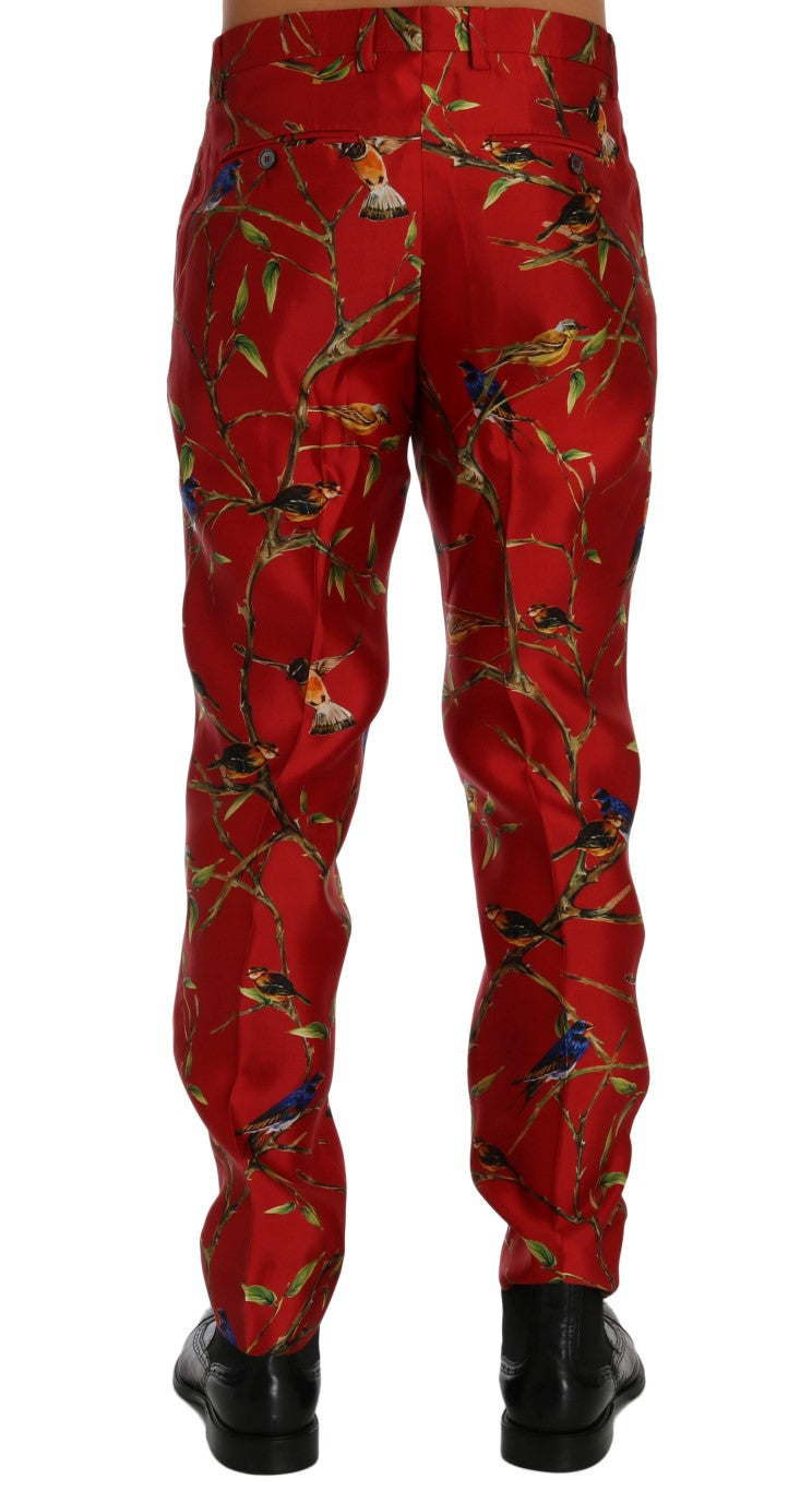 Dolce & Gabbana Red Silk Bird Print Trousers