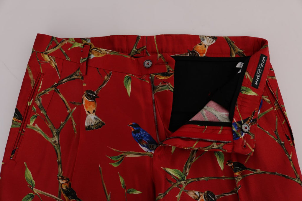 Dolce & Gabbana Red Silk Bird Print Trousers