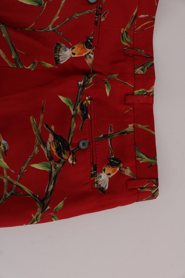 Dolce & Gabbana Red Silk Bird Print Trousers
