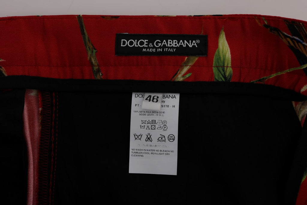 Dolce & Gabbana Red Silk Bird Print Trousers