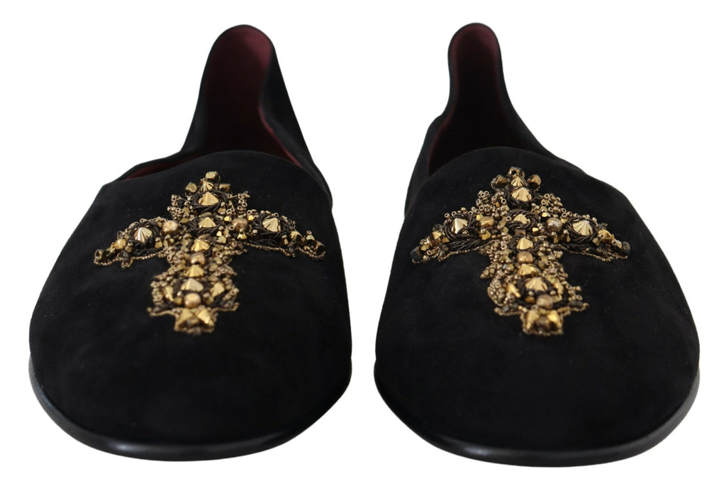 Dolce & Gabbana Schwarz Wildleder Gold Kreuz Slip On Loafers Schuhe