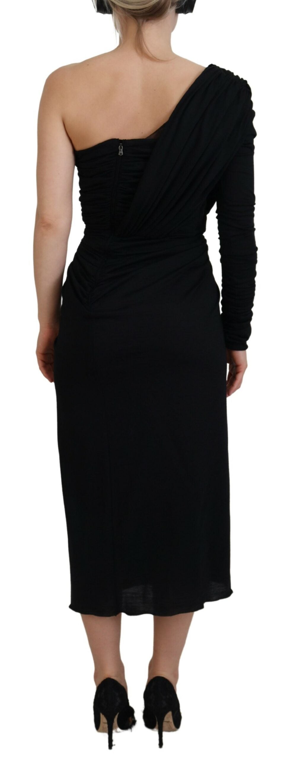 Dolce & Gabbana Schwarzes Wickelmantelkleid mit einer Schulter aus Wolle