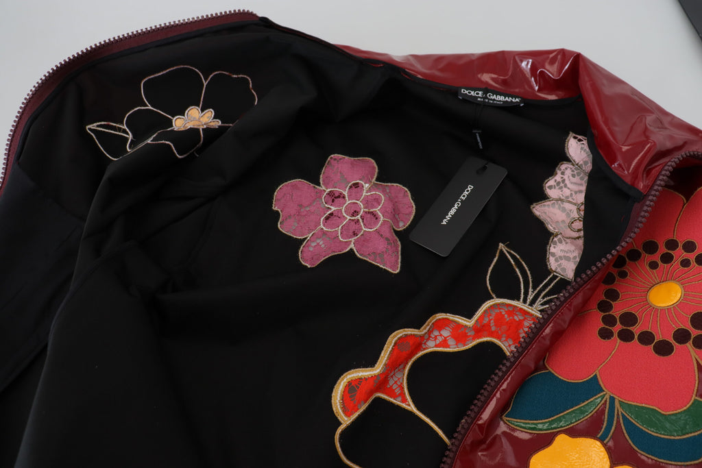 Dolce & Gabbana Maroon Floral Full Zip Polyester Damen Jacke