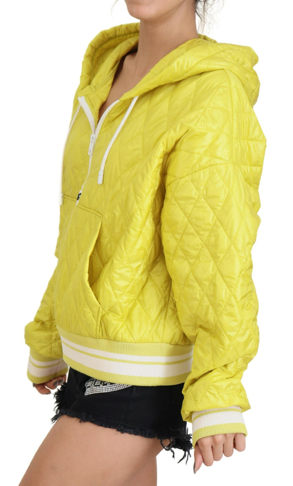 Dolce & Gabbana Yellow Nylon Quilted Jacket with Hood and Pullover