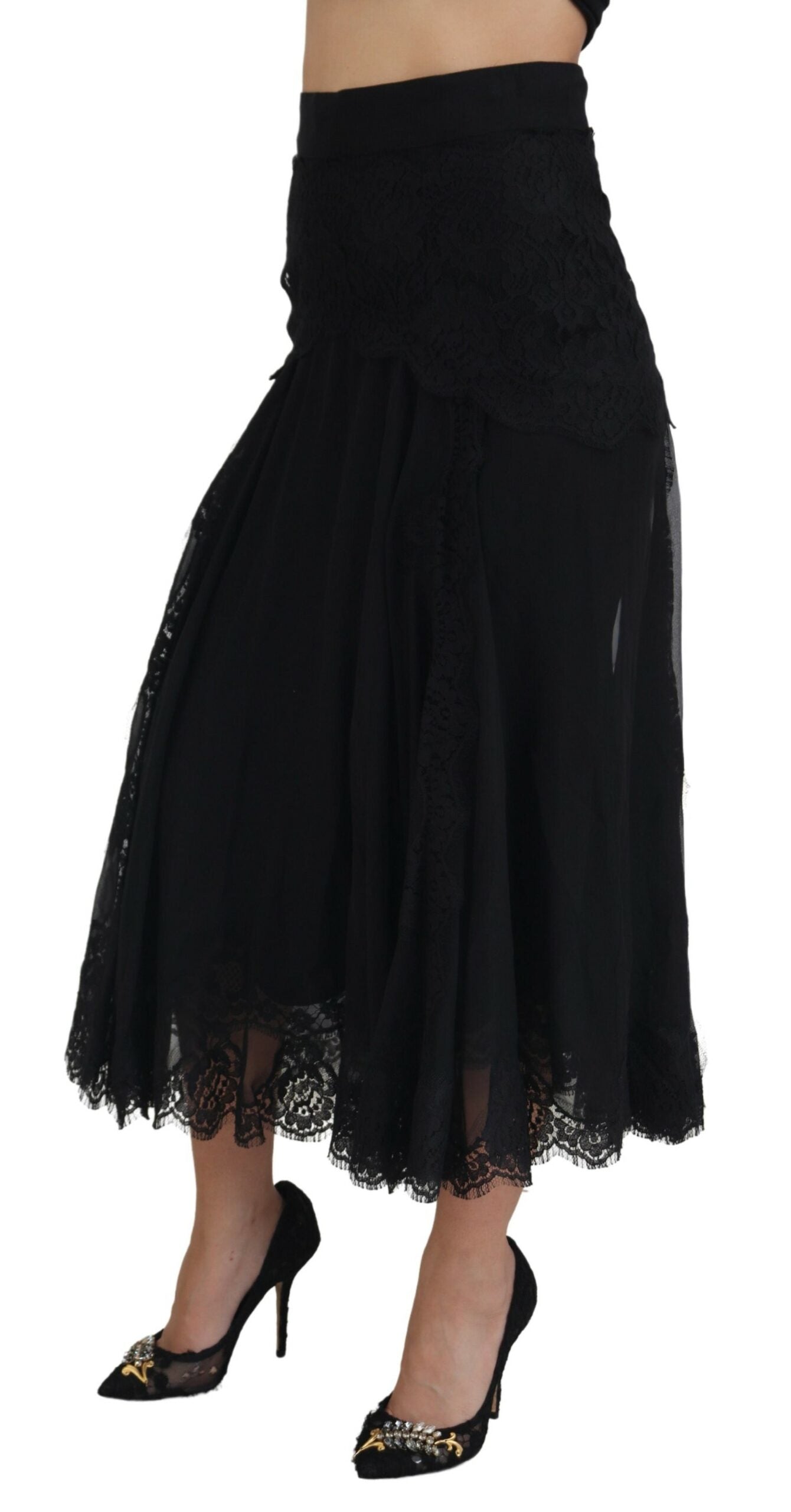 Dolce & Gabbana Schwarzer Seiden-Spitzenbesatz Midirock mit hoher Taille