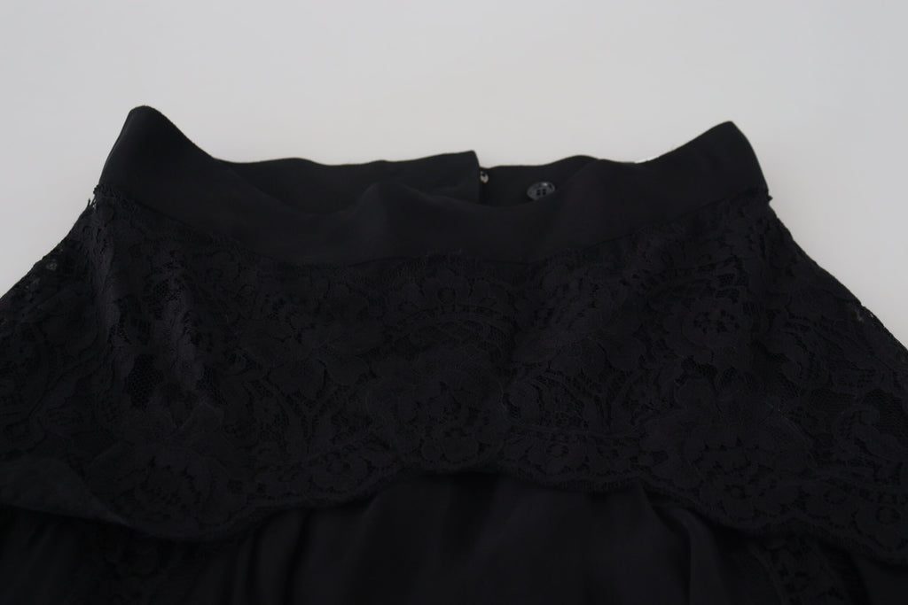 Dolce & Gabbana Schwarzer Seiden-Spitzenbesatz Midirock mit hoher Taille