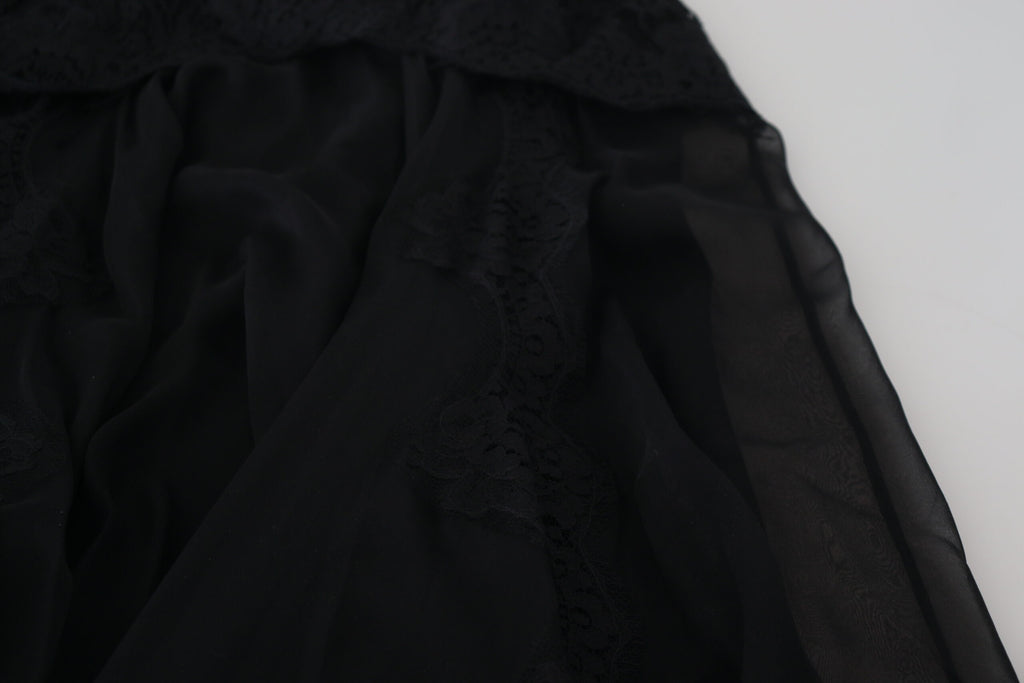 Dolce & Gabbana Schwarzer Seiden-Spitzenbesatz Midirock mit hoher Taille