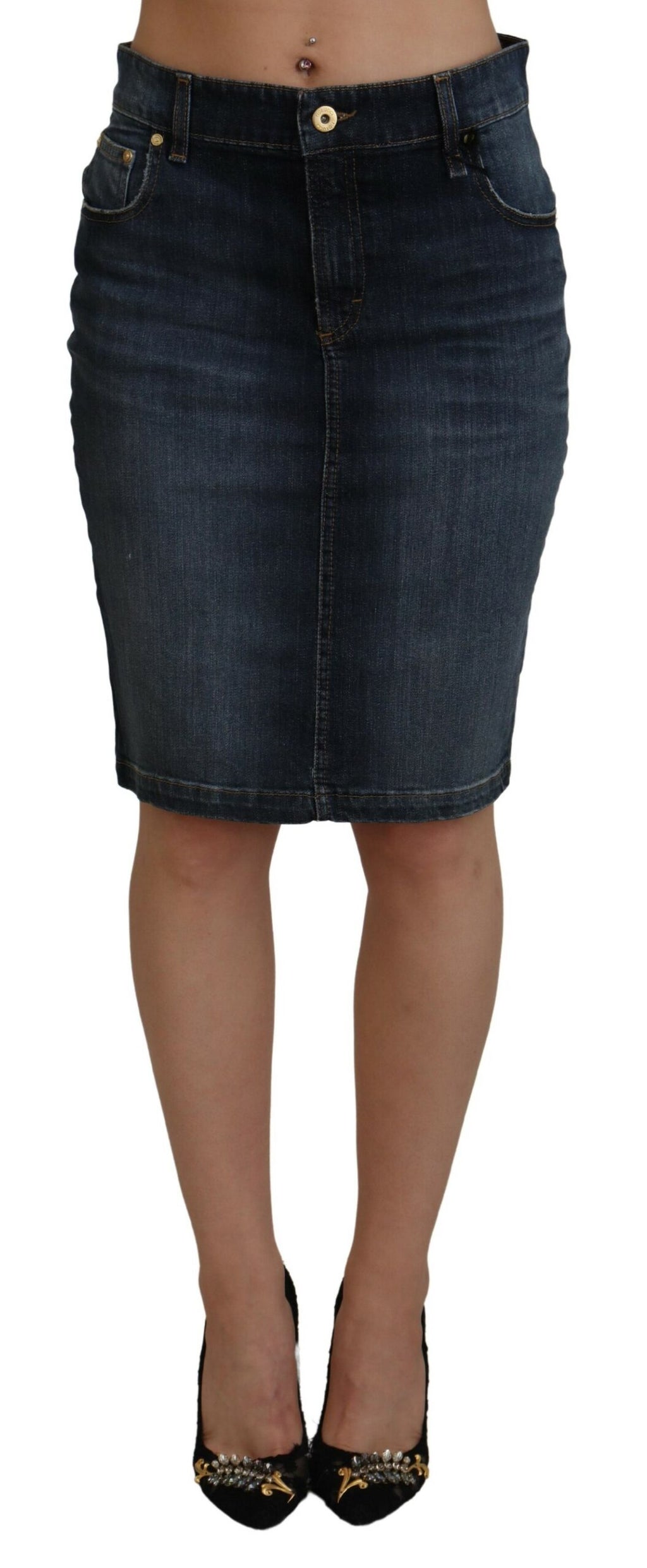 Fiorucci Dark Blue Washed Denim Pencil Skirt with Mid-Rise