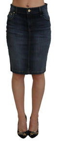 Fiorucci Dark Blue Washed Denim Pencil Skirt with Mid-Rise