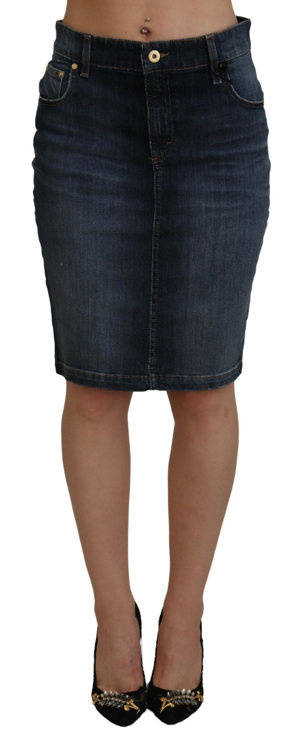 Fiorucci Dark Blue Washed Denim Pencil Skirt with Mid-Rise