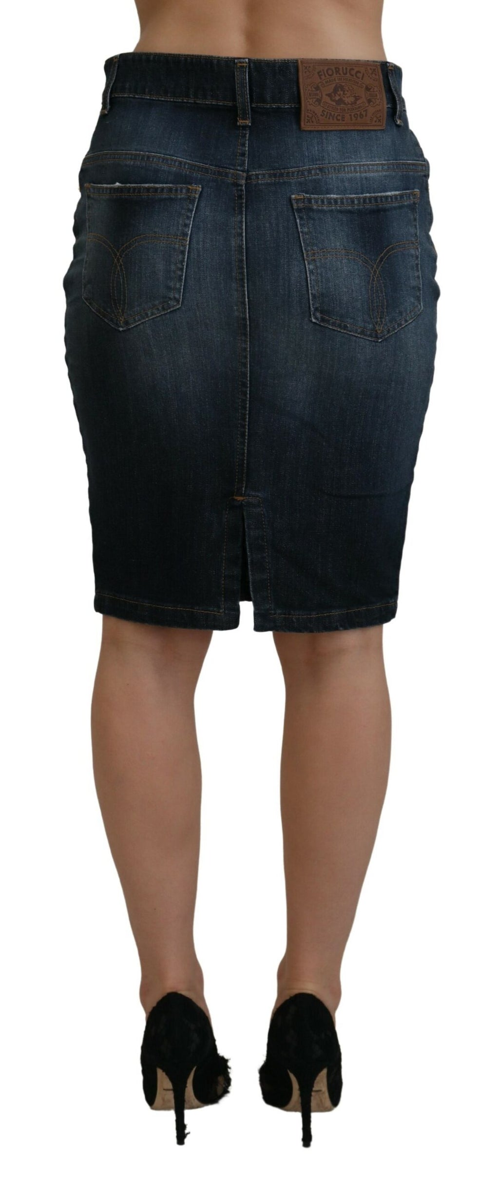 Fiorucci Dark Blue Washed Denim Pencil Skirt with Mid-Rise