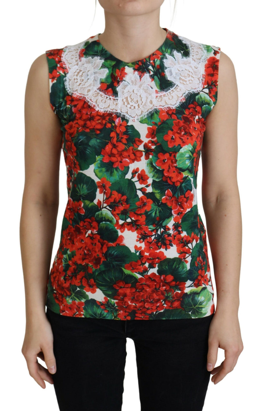 Dolce & Gabbana White Floral Wool Vest Top with Lace