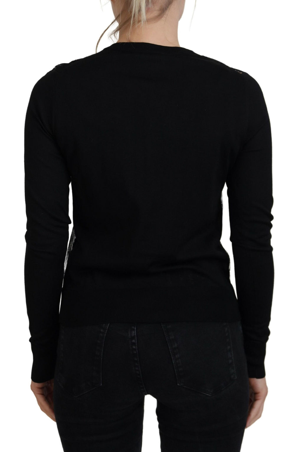 Dolce & Gabbana Schwarzer Strickpullover mit floraler Spitze und Knopfleiste