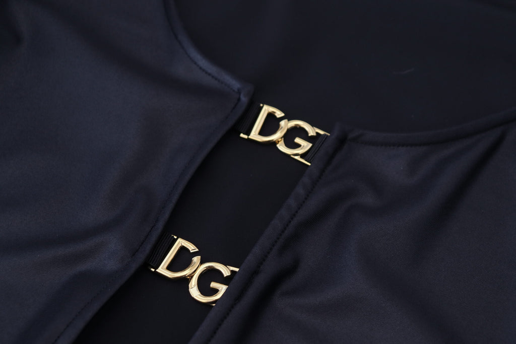 Dolce & Gabbana Schwarzes Baumwoll-Stretch-Oberteil mit offener Brust und 3/4-Ärmeln