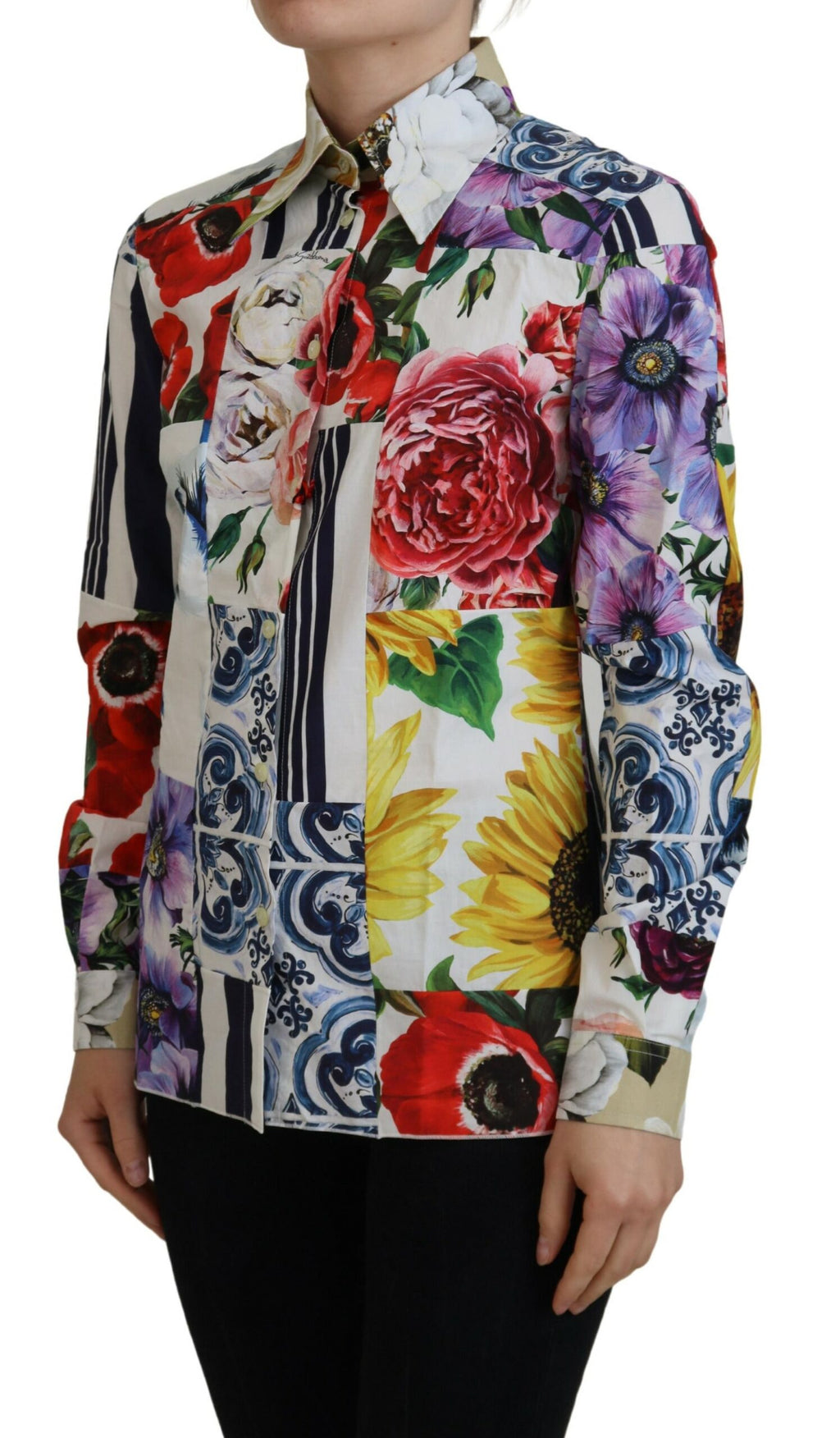 Dolce & Gabbana Multicolor Floral Cotton Blouse with Collar
