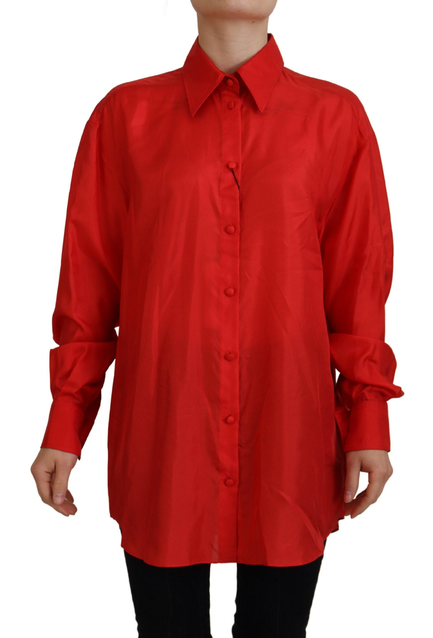 Dolce & Gabbana Red Silk Collared Long Sleeve Top